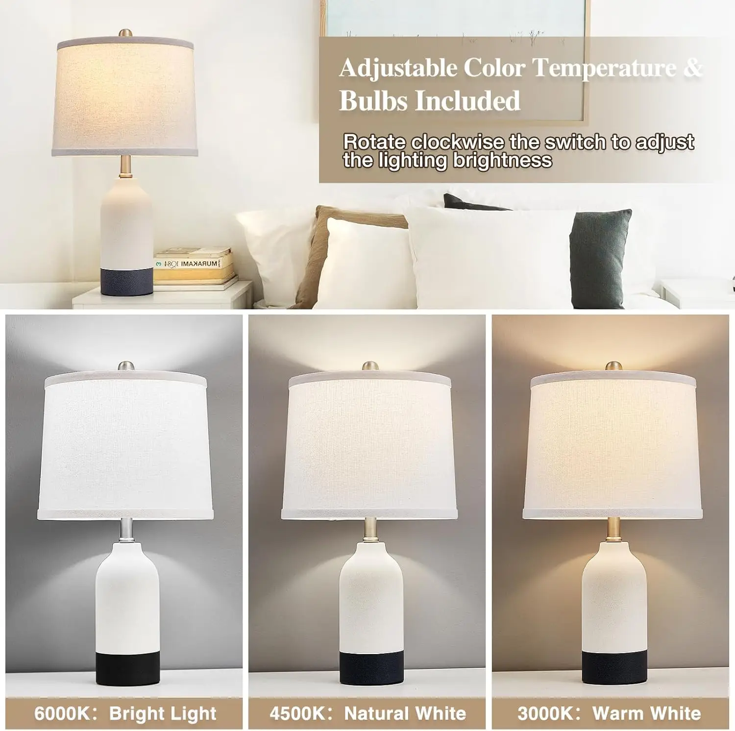 Set di 2 lampade da tavolo moderne in ceramica, temperatura di colore regolabile con paralume in tessuto, include 2 lampadine (21,4')