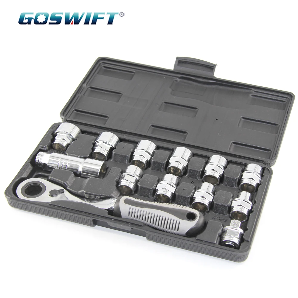 GOSWIFT 13Pcs 3/8 inch Drill Go Through Universal Socket Drive Pass-Thru Ratchet Handle Imperial Spline Mechanics Tool Box Set