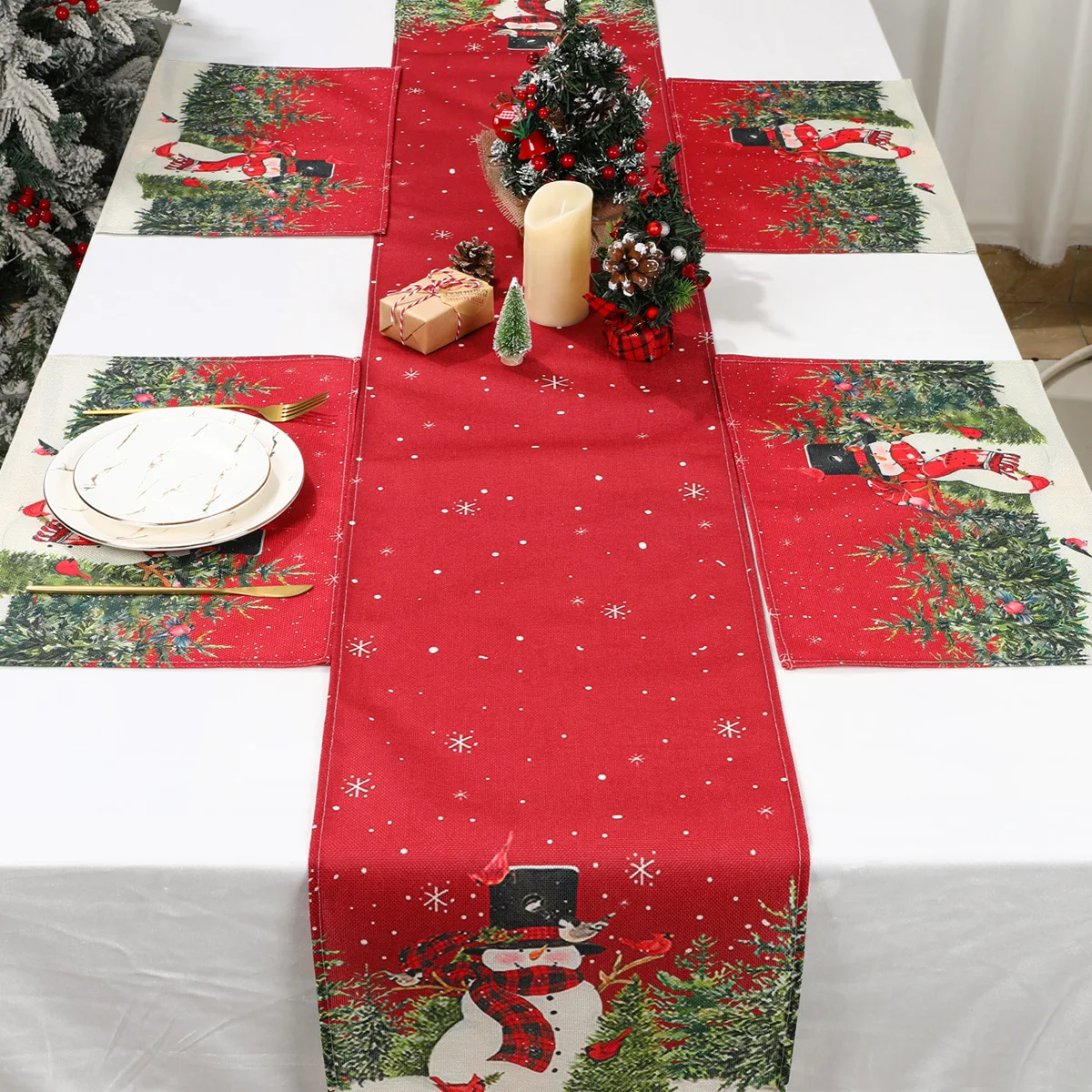 Christmas Table Runner and Placemat Set Merry Christmas Decoration for Home 2024 Xmas Ornaments Navidad Natal New Year Gift 2025