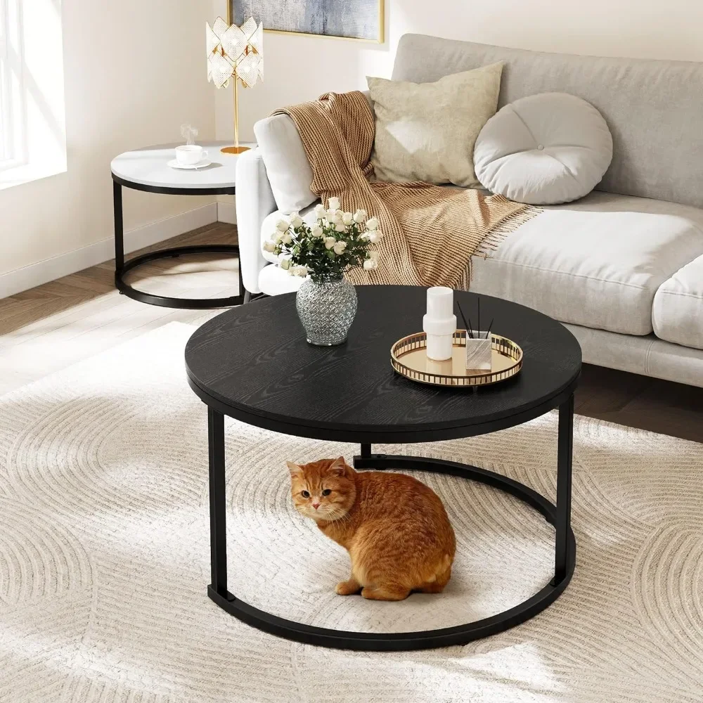 Coffee Table 2-Piece Set, Modern Round Stacked Round with Storage, Wooden Top Metal Frame End Side, Black & White