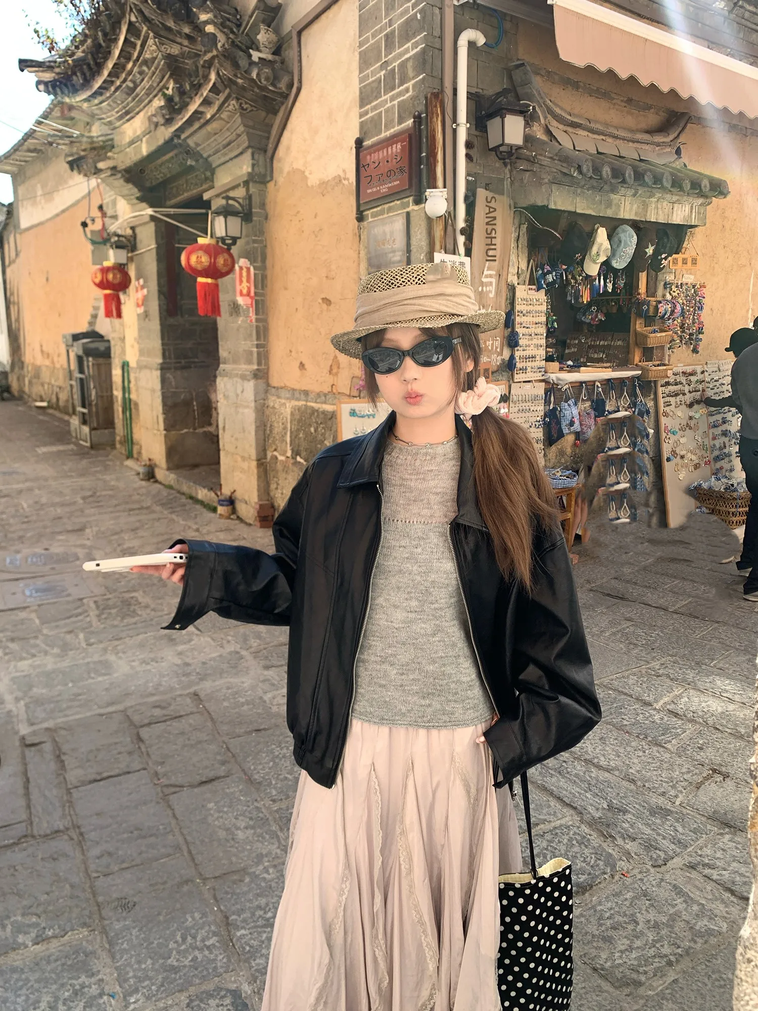 

Sweet And Cool Bla Leather Jaet Women's Loose Zipper Collar Jaet New 2026 Sle Long Sve Straight Hem Pure Color