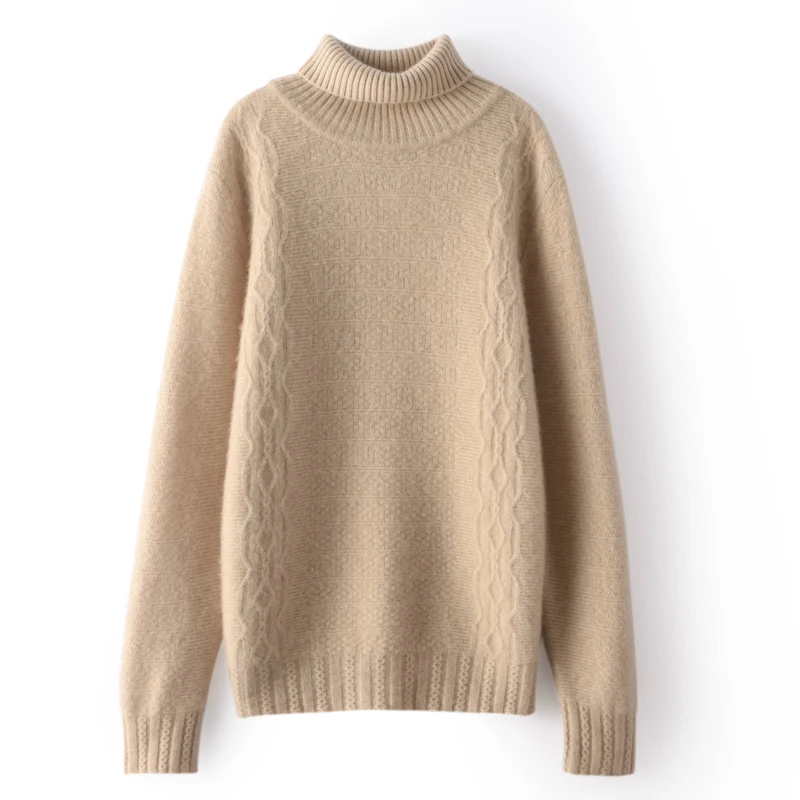 100% Merino Wool Women's Turtleneck Thick Jumper High Quality Korean Jacquard Soft Sweater Autumn/Winter Warm Knit Top