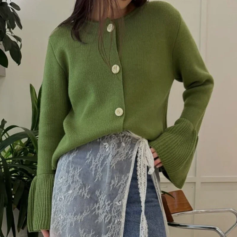 

Fashion Flare Sleeve Knitted Cardigan Women's Loose Crew Neck Solid Button Splicing Sweater Coat 2025 Autumn New Coat