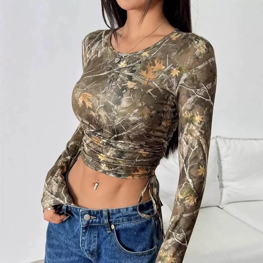 

Women's Slim Fit Short T-shirt Top with Branch Print Side Drawstring Street Style Long Sleeve Shirt Resistant to Deformation
