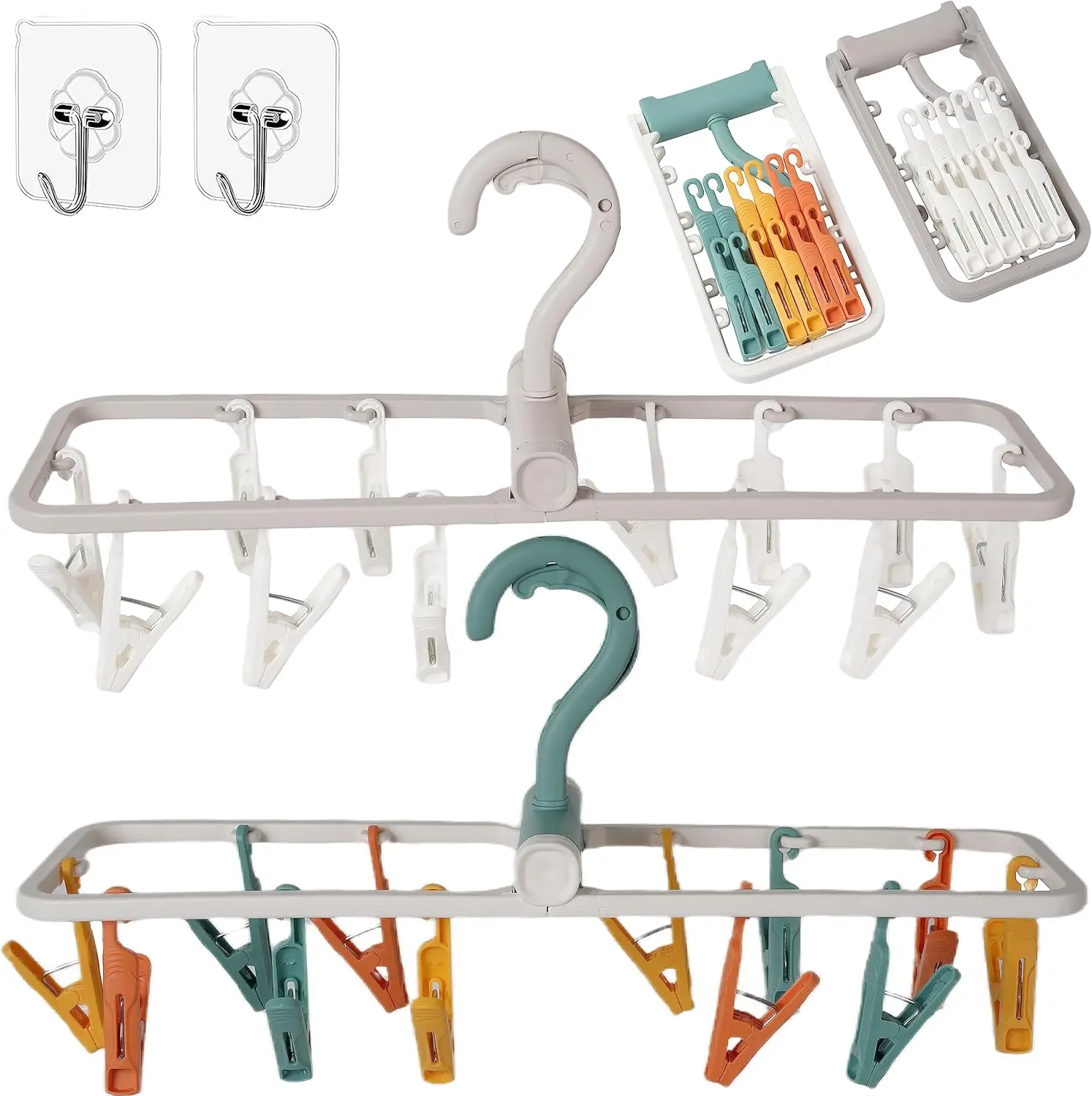 2-Pack Folding Clothes Drying Racks with 12 Clips, 360° Rotatable Hangers for Socks, Towels, Bras - Compact & Portable