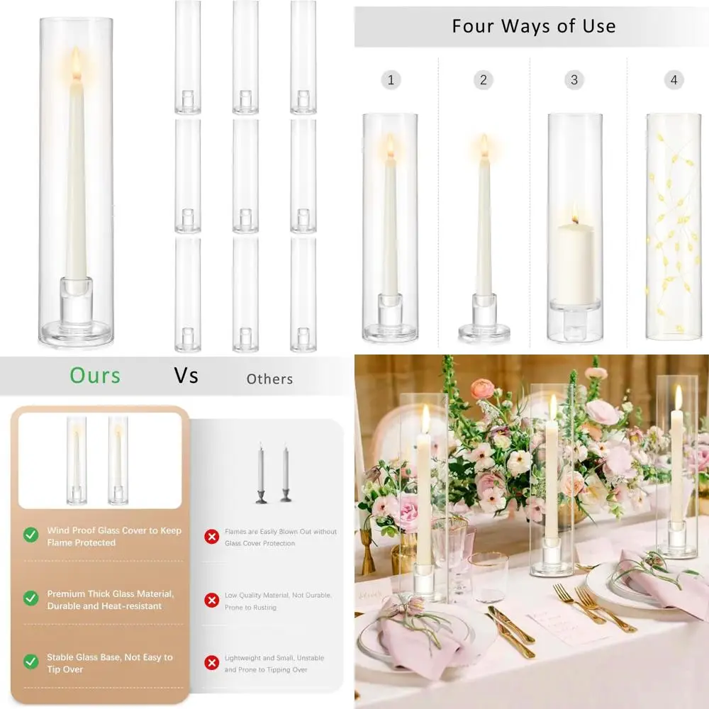 

Large Clear Glass Hurricane Candle Holders, 10 Pack Tall Cylinder Sleeves, Bulk Tapered Candlestick Holders for Home Decor