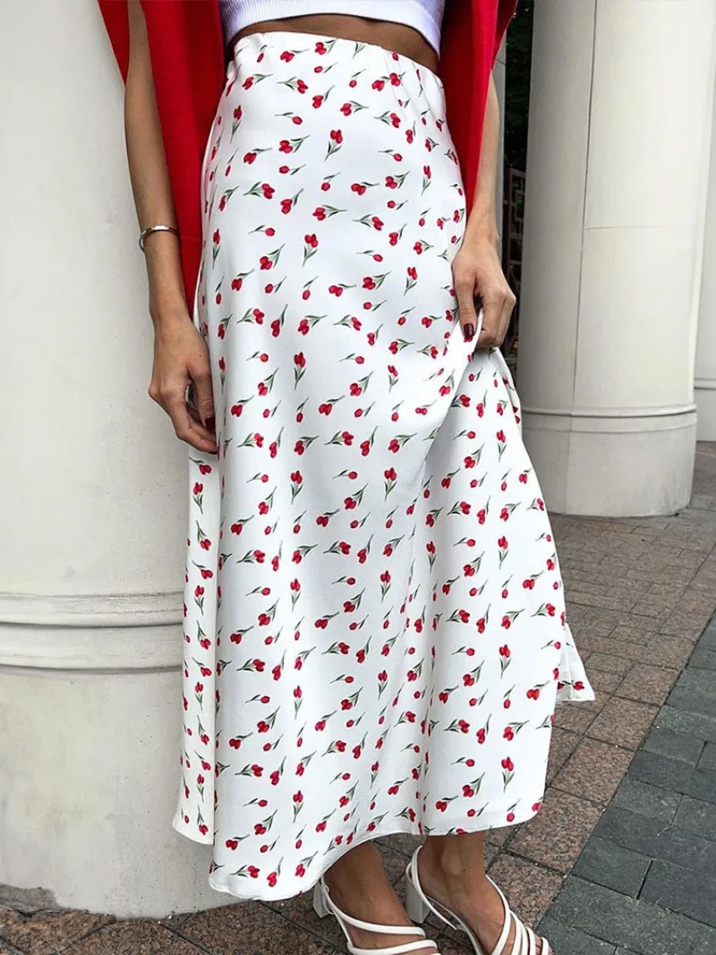 

Women Elegant High Waist A-line Skirts 2024 Summer Autumn Cherry Pattern Print Long Skirts Streetwear Office Lady White Dresses