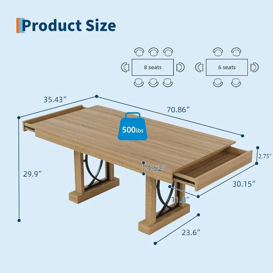 71-Inch Dining Table for Kitchen Office: Solid Wood, Natural Finish, Spacious Tabletop with 2 Drawers Double Pedestal Stability