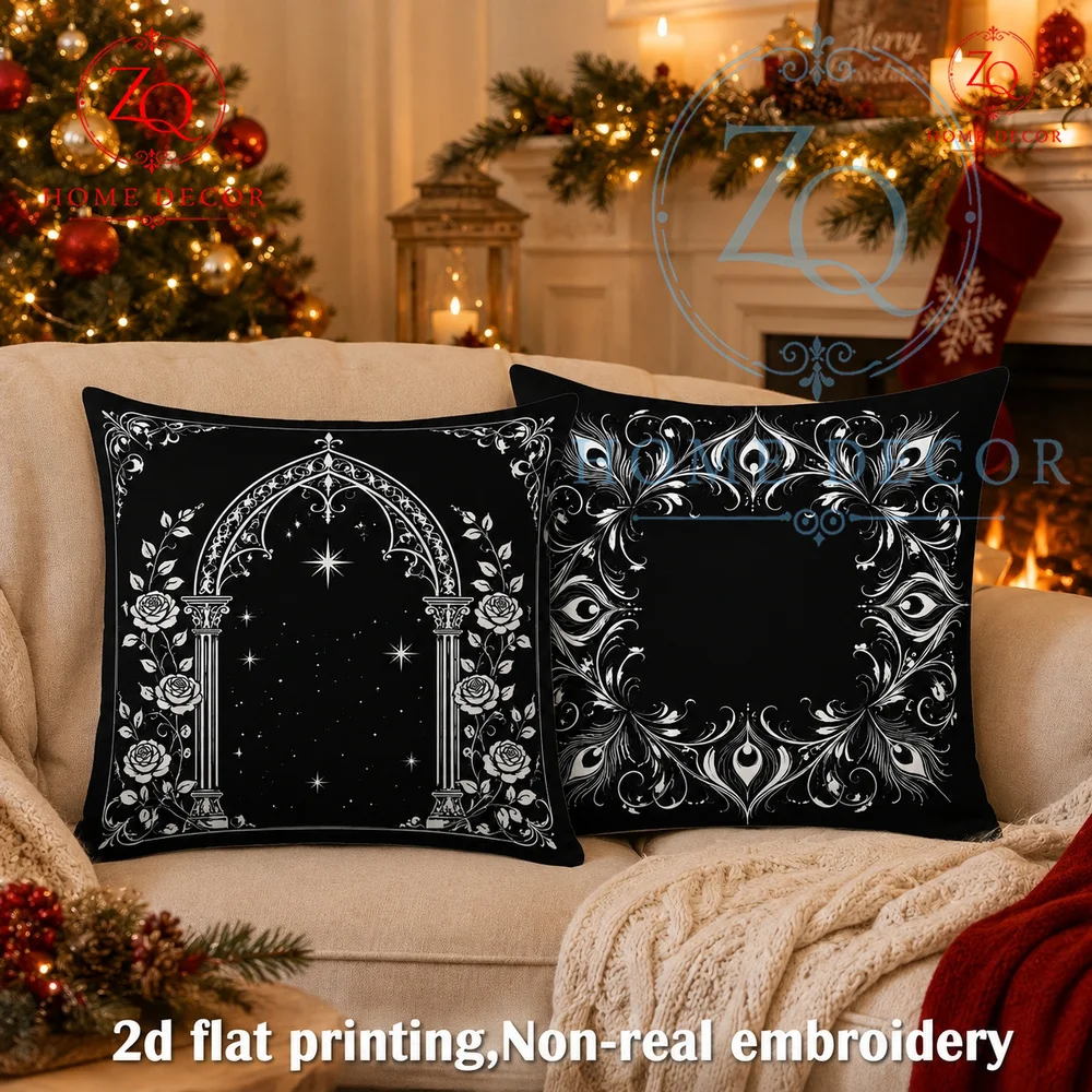 Gothic Vintage Black Throw Pillow Covers Starry Arch  Peacock Scroll Printed Cushion Cases  Halloween Living Room Bedroom Decor