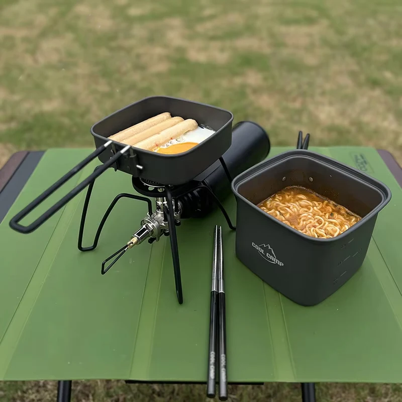 Portable Foldable Aluminum Alloy Cookware Set for Outdoor Camping Square Frying Pan Lunch Box for Fishing Cycling Tableware Use