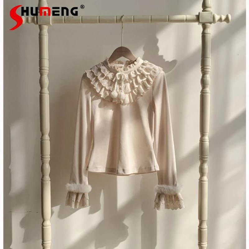 

Original Woman's Japanese Sweet Lolita Lace Edge Plush Long Sleeve T-Shirt Girls Women Slim Fit Soft Knit Pullover Ladies Tops