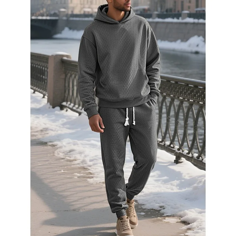 

Мужской комплект из жаккардовой толстовки и джоггеры 2025, весенне-осенний удобный теплый спортивный костюм с брюками с манжетами