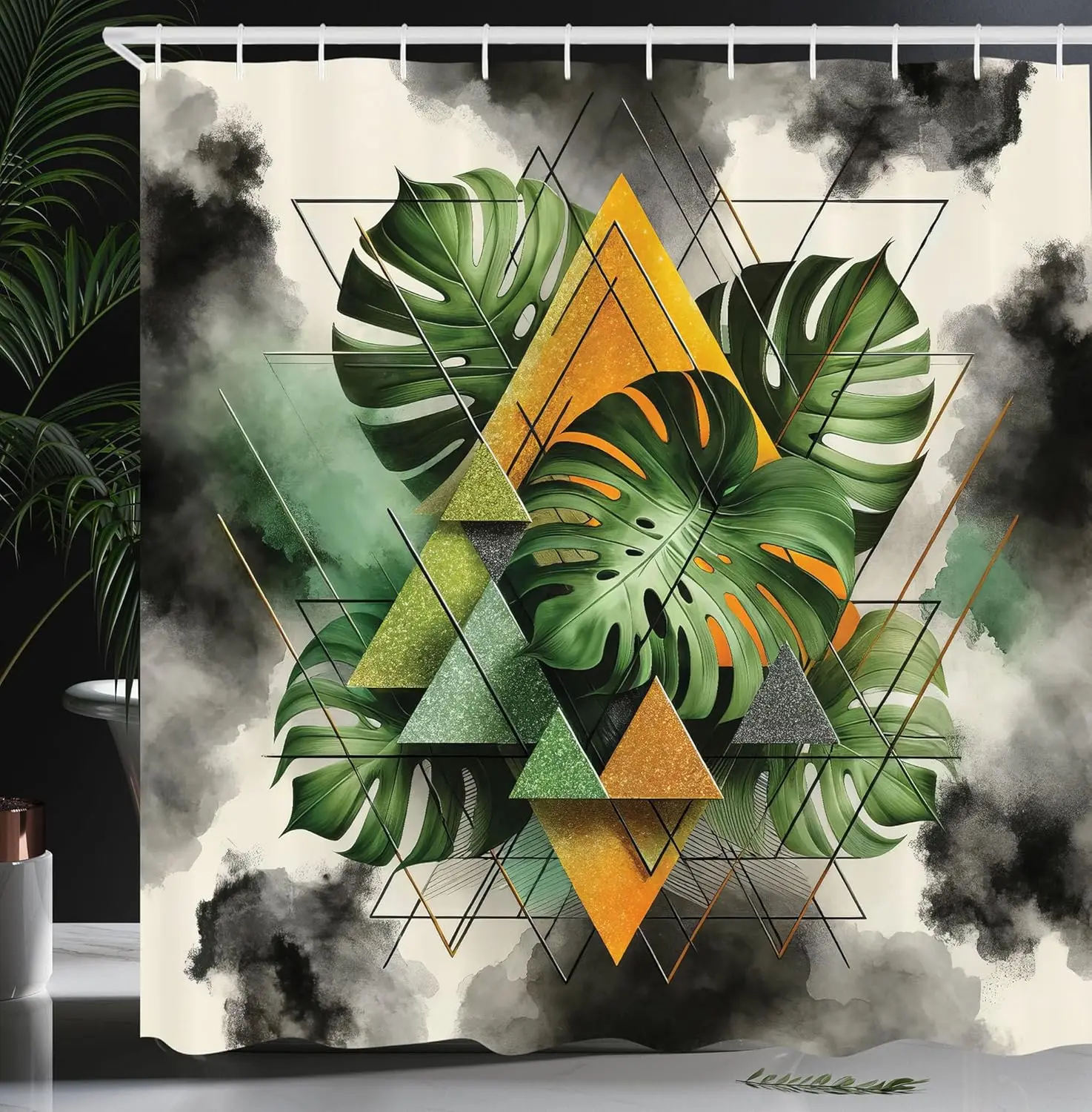 

Занавеска для душа Ambesonne Monstera, треугольные геометрические формы с листьями на облачной и мечтательной спине, тканевая ткань для ванной комнаты