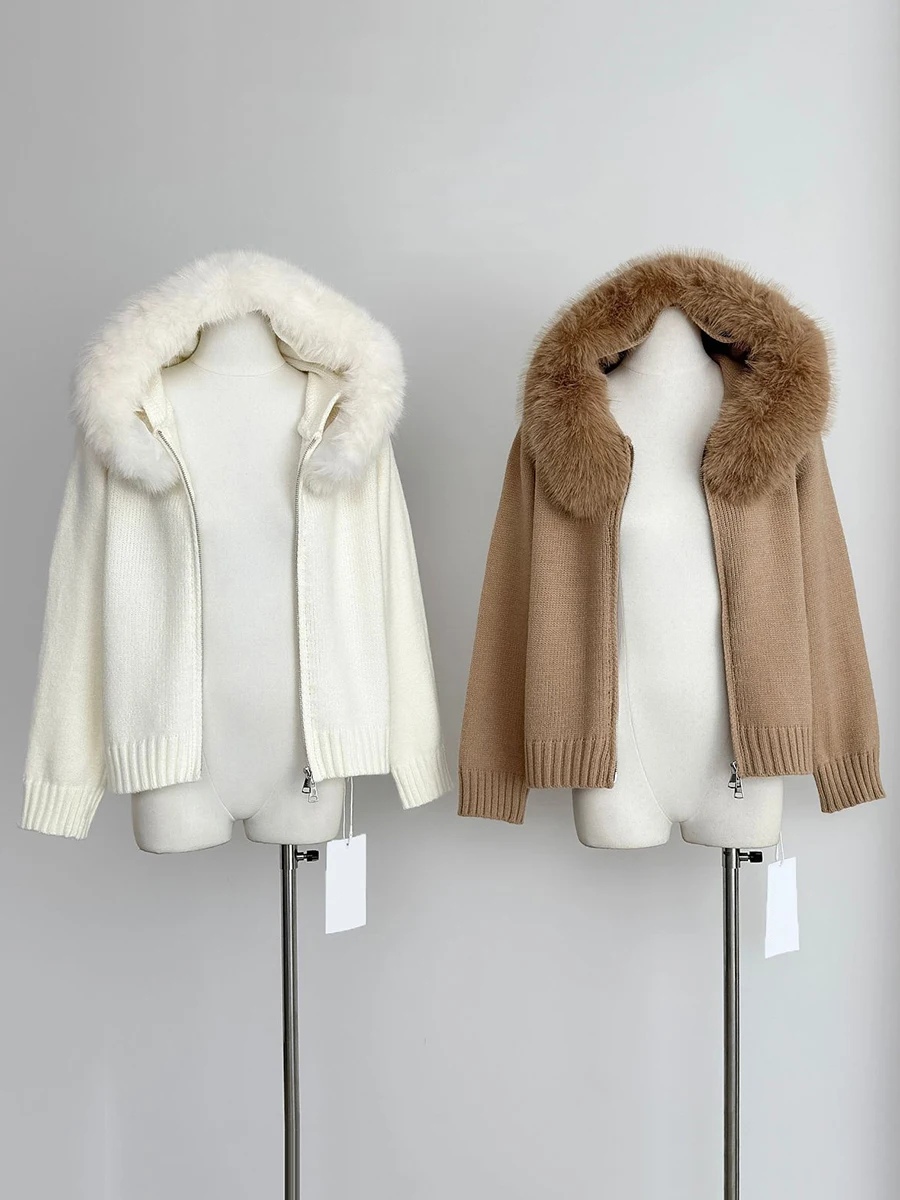 ReddaChic Faux Fur Collar Hooded Cardigan Sweater Women Zip-up Long Sleeve Solid Lounge Loose Knit Jacket Fall Winter Outerwear