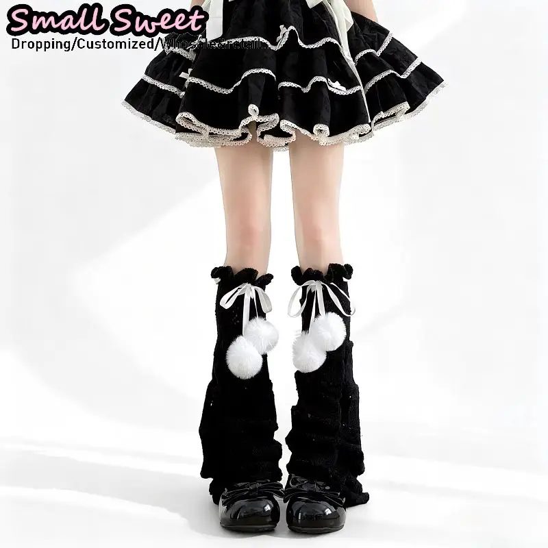 Lolita Cutout Stockings Y2K Bow & Pom Flare Leg Warmers Harajuku Women's Calf Sleeves Slouch Socks for Autumn & Winter