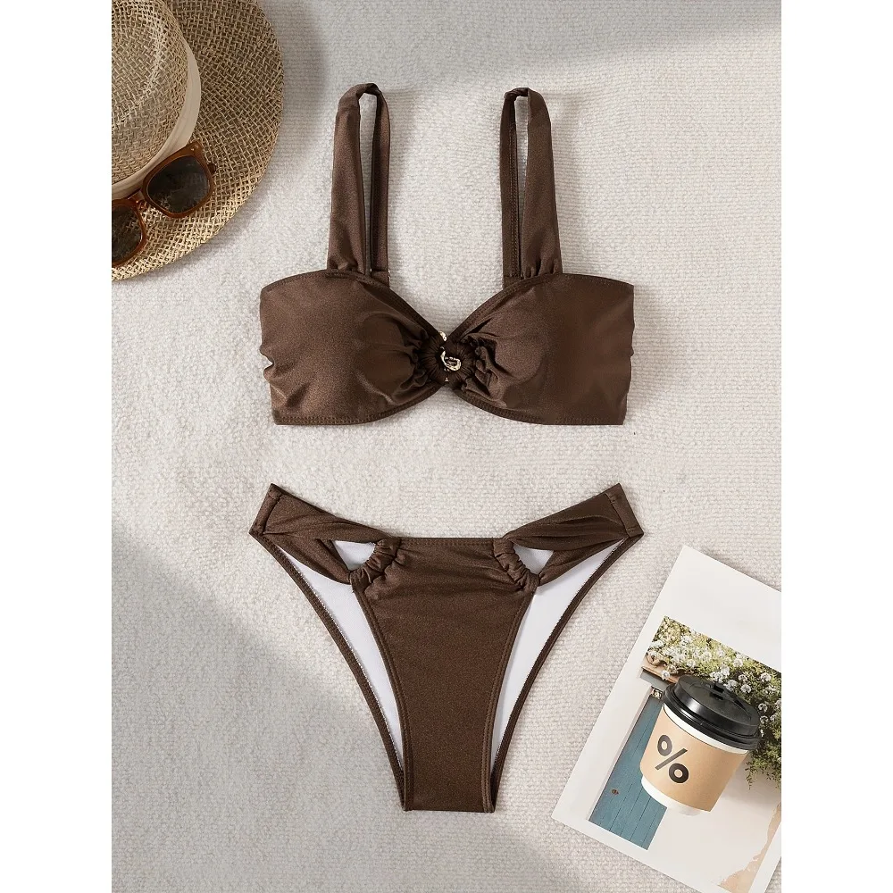 

Сексуальное коричневое бикини 2025, мягкий купальник-бандо, женский купальник, женские стринги, комплект бикини, пляжная одежда, купальный костюм, праздник