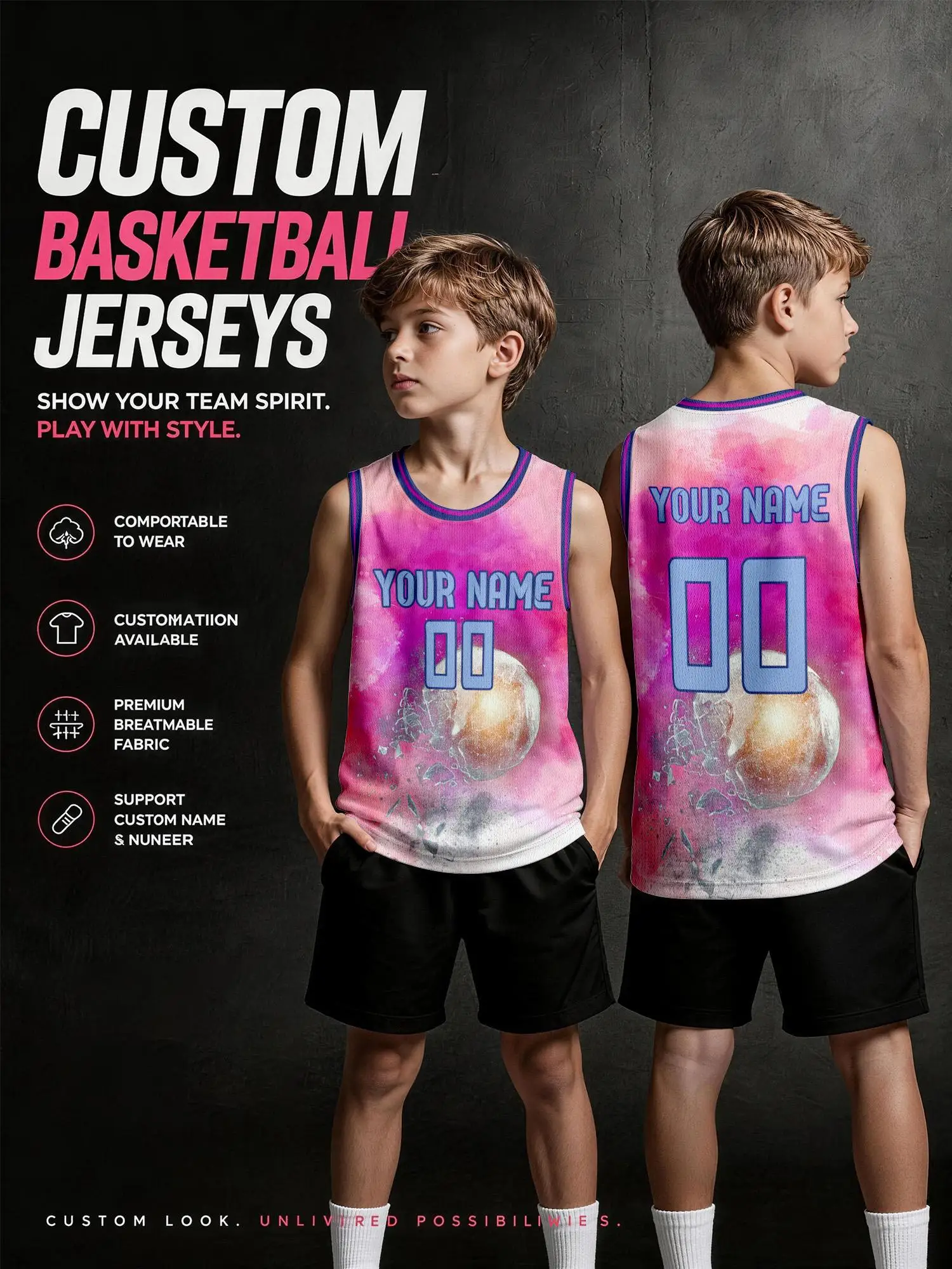 Pink‑Purple Gradient Watercolor Planet Custom Kids Basketball Jersey, Trend‑Print Breathable Mesh Tank With Personalized Text