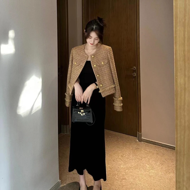 Spring Autumn Women Tweed Short Coats Sling Dress Two Piece Set 2023 New Korean Office Lady Graceful Jacket Trumpet Dresses Suit