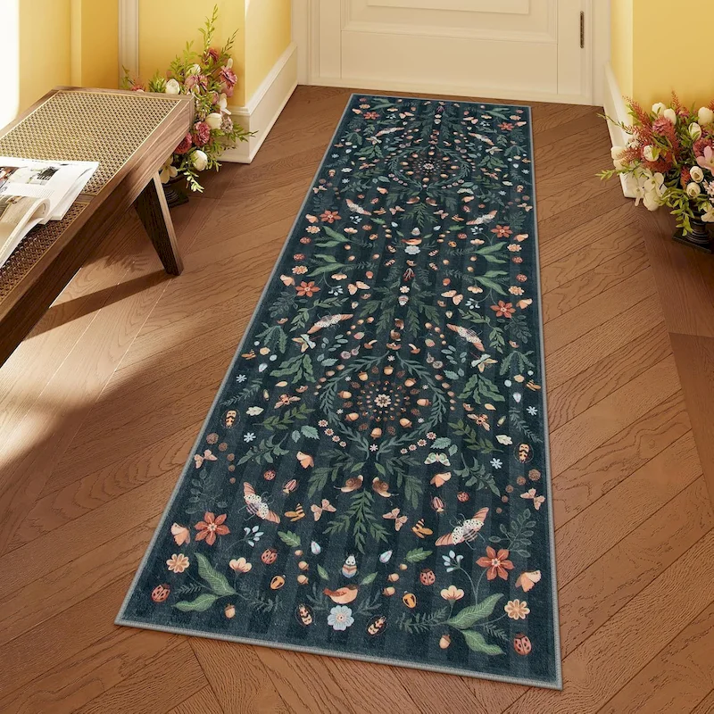 VIKAMA Bohemian Retro Flower Running Carpet Anti slip Corridor Carpet Flower Insect Floor Mat Kitchen Bedroom Home Decoration