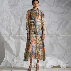 Australian niche retro lapel single-breasted large flower print waist lantern sleeve long dress