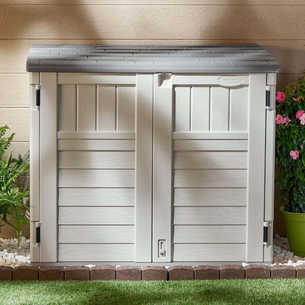 Outdoor Storage Shed for Garbage Cans, Garden Accessories, Backyard, and Patio Use, Vanilla Horizontal Sheds for Storage