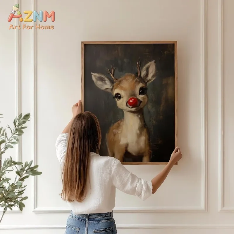 Christmas Red Nosed Reindeer Dark Prints Canvas Poster Prints Frameless Wall Art Festive Holiday Cozy Winter Home Decor
