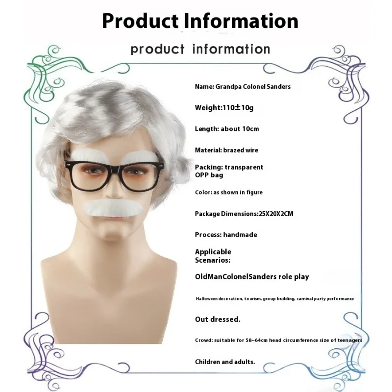 ساندرز كولونيل البدلة الأحمر المئزر القوس نظارات الشعر الأبيض الحواجب هالوين مرحلة الأداء شعر مستعار تأثيري ارتفاع درجة الحرارة الحرير