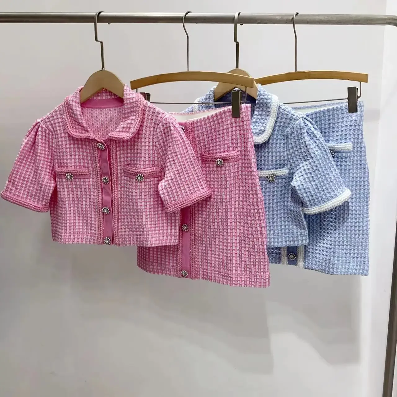 2023 women new two-piece set office ladies pink plaid fashion button tops with elegant mini bustier skirt