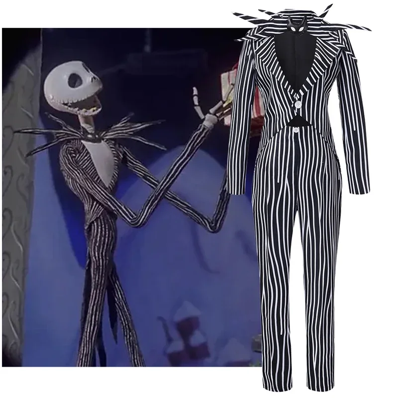 Jack Skeletal Cosplay Traje para homens e mulheres, roupa de calças e top listrado, uniforme de festa de Halloween