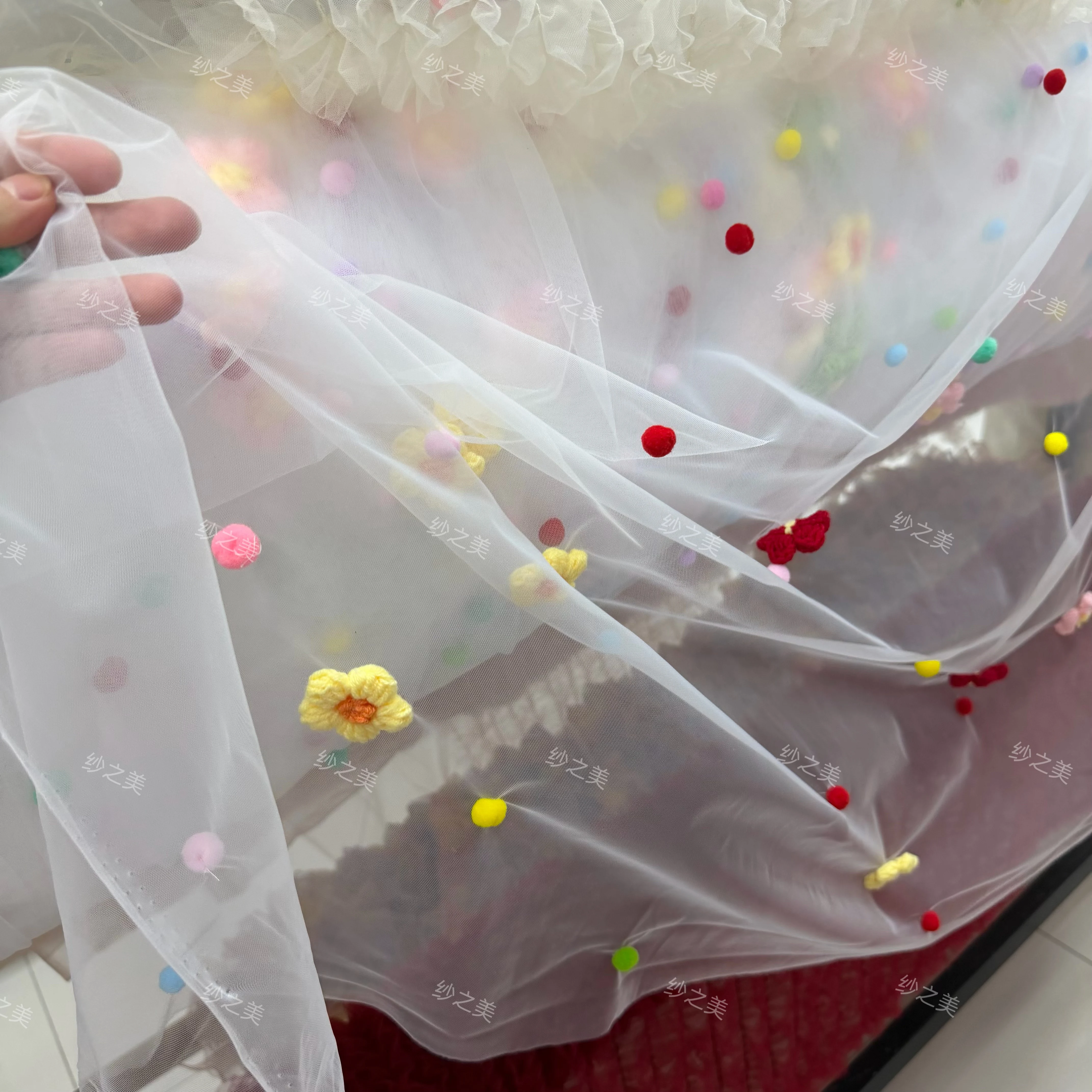 Dopamine Three-Dimensional Flower Transparent Color Ball Mesh Skirt Sheer Yarn Surface Fabric