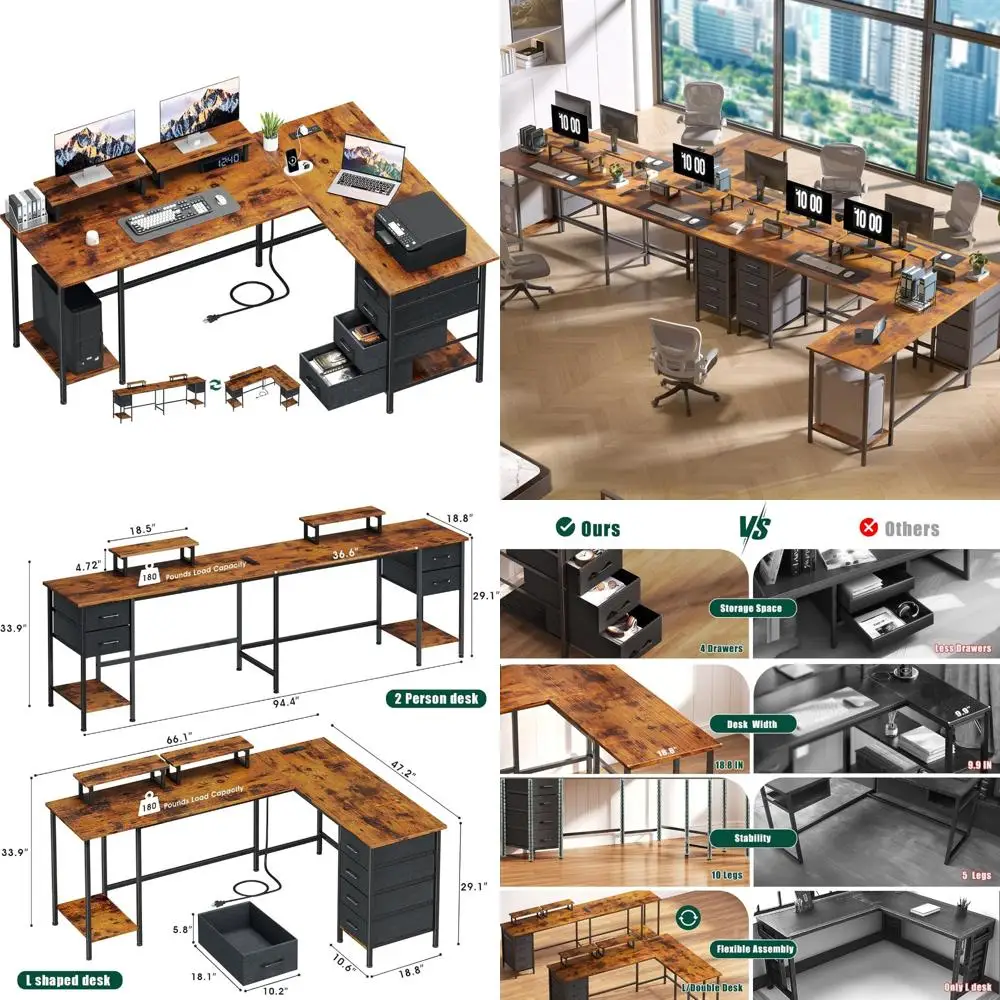 Компьютерный стол L-образной формы с розетками, стол для домашнего офиса, 4 регулируемыми ящиками и 2 подставками для монитора