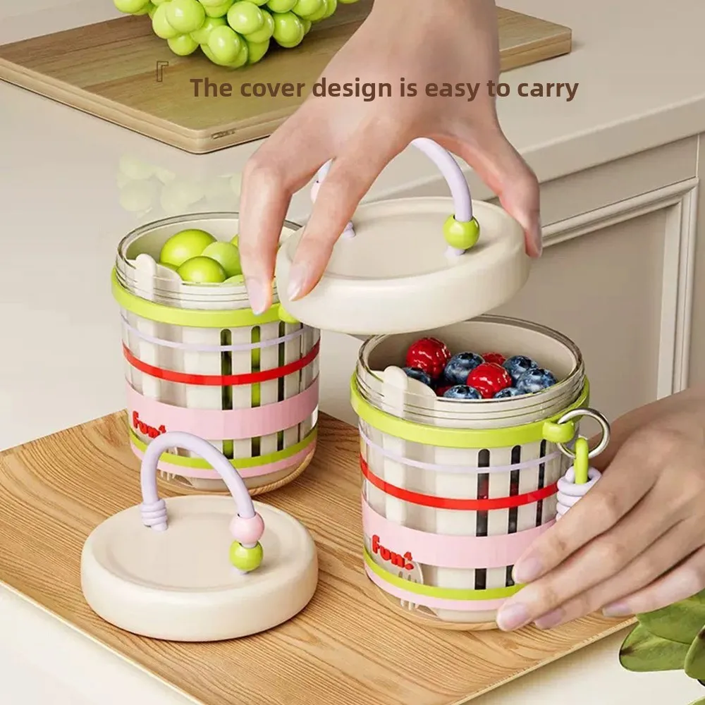 

New Drainable Portable Fruit Cup with Fork Lanyard Salad Cup High Temperature Resistant Double Layer Breakfast Cup Work