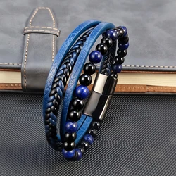 2025 New Punk Men Beaded Bracelets Classic Fashion Blue lapis lazuli Beaded Multilayer Leather Bracelet For Men Jewelry Gift