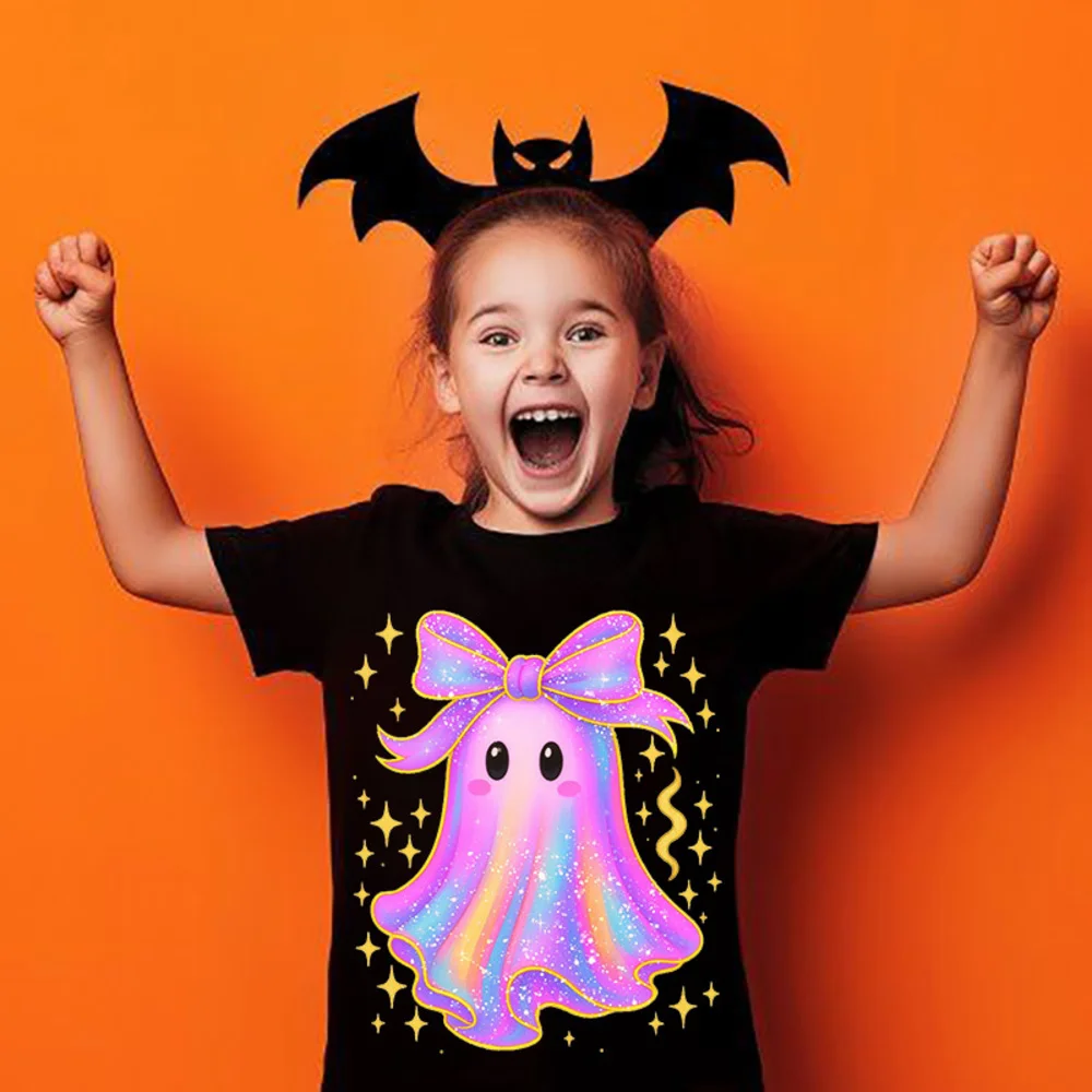 Halloween Rainbow Ghost Print Girls Round Neck Black Shirt Cute T-Shirt Kids Soft Tee Clothes Halloween Party Shirts