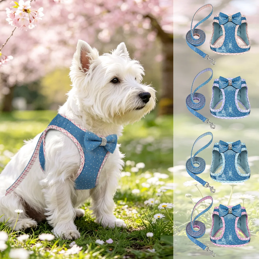 Soft Breathable Mesh Dog Harness and Leash Set Jeans Style Cute Bowtie Padded Puppy Small Breed Walking Vest Lead for Cat