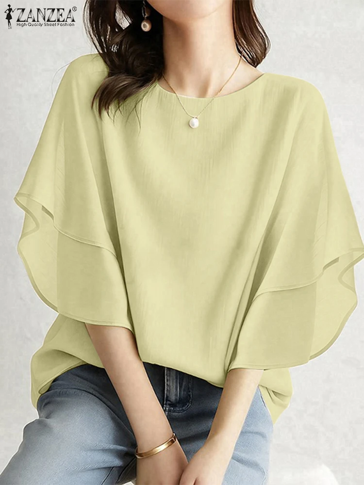 ZANZEA Fashion Blouses Women Work OL Tops 3/4 Sleeve O Neck Elegant Blusas 2025 Solid Color Casual Loose Tunics Oversized