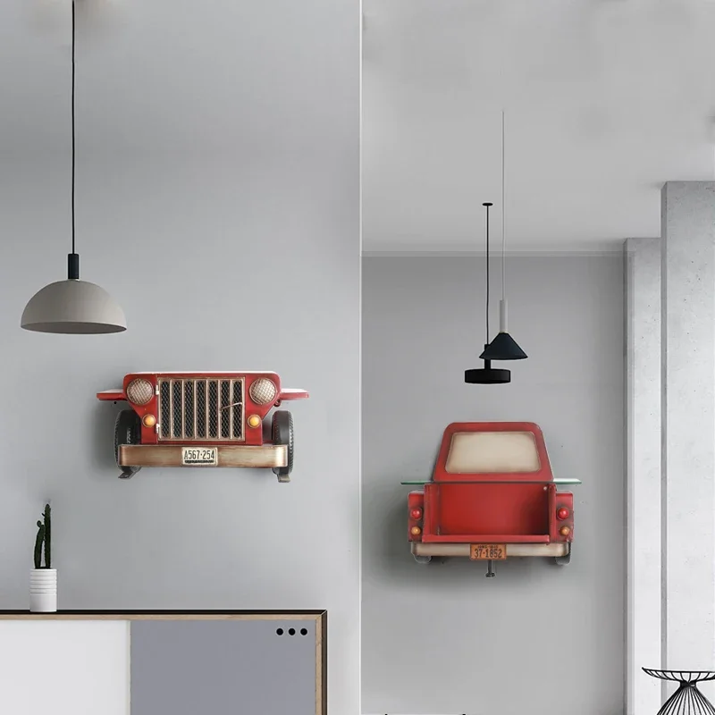 Creative Red Car Front Wall Decor  Living Room Bedroom Partition Storage, Old Style Wrought Iron Shelf, Unique Car Decor