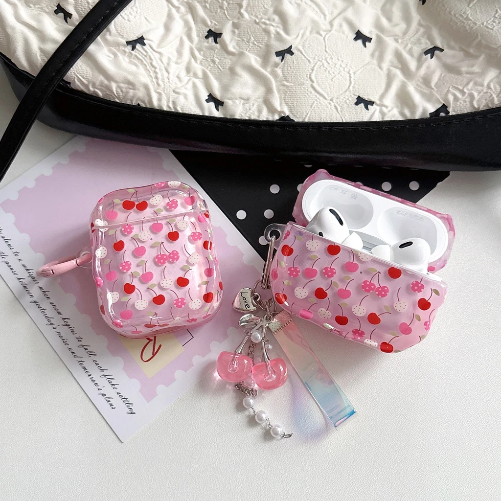 Sweet Girly Transparent Pink Cherry Polka Dot Wavy Edge With Pendant Earphone Cover Case for AirPods 1 or 2 3 4 5 Pro 2 Pro 3