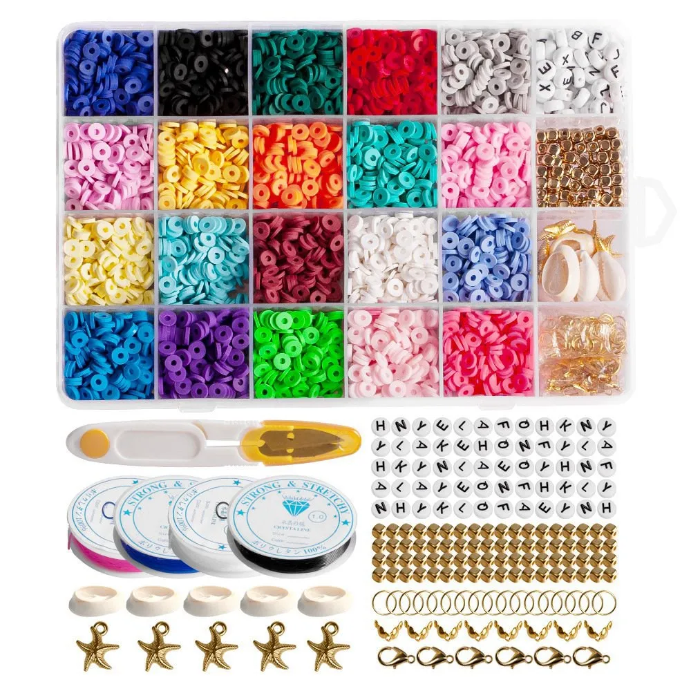 4000Pcs Clay Beads 20 Colors Flat Round Polymer Clay Spacer Beads with Pendant Charms Kit and 4 Roll Elastic