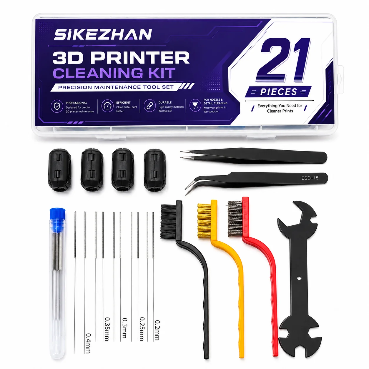 Universal 21ct 3D Printer Cleaning Kit, Nozzle Needles Wire Brushes Tweezers Filament Filter Blocks Wrench Repair Tool Set