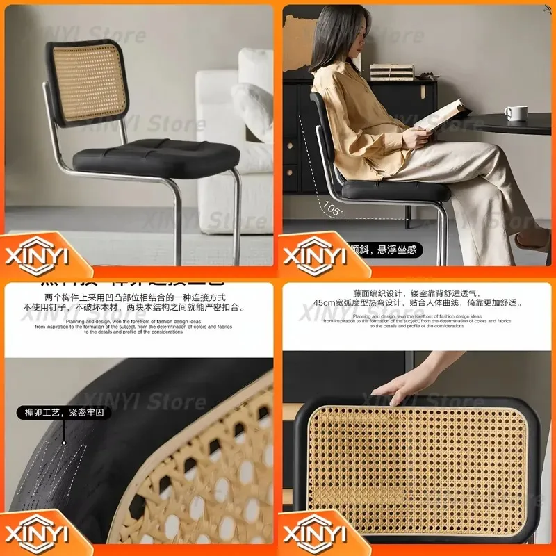 Mid-century Solid Wood Rattan Dining Chair for Italian Minimalist Retro Backrest Stainless Steel Woven Chair