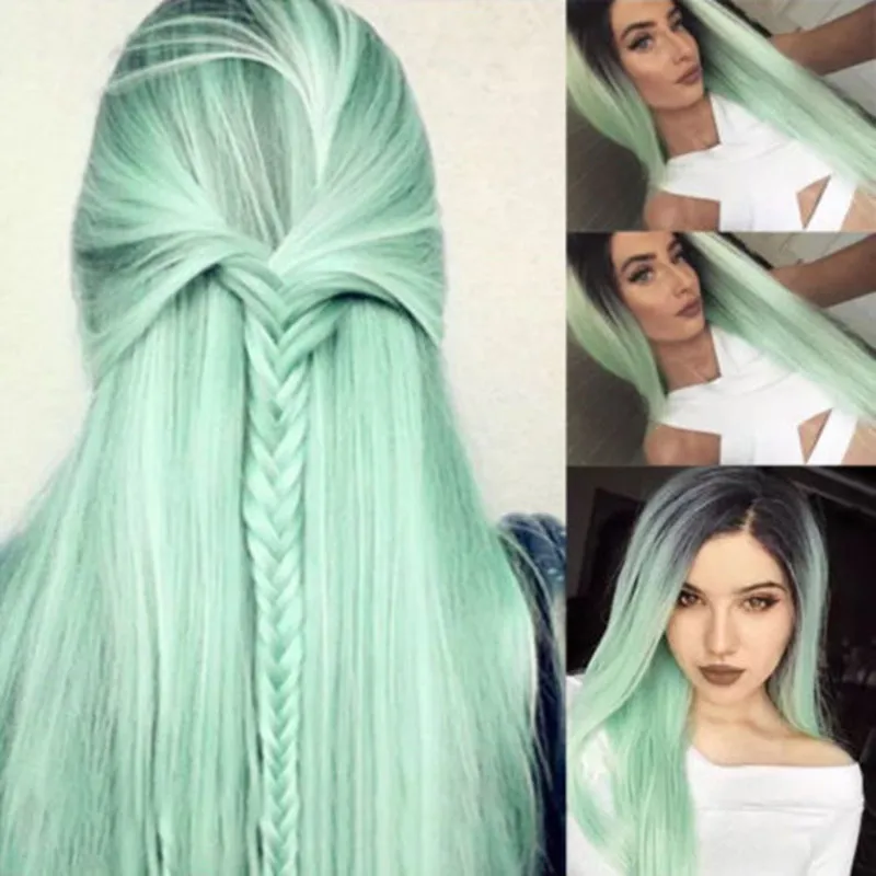 Straight Mint Green Wig for Women Fresh Green 28inch High Temperature Resistant Wigs That Can Be Dyed and Permed braided wigs