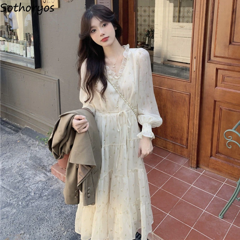 Dresses Women Lace-up Simple Princess Flowers All-match Casual Lovely French Style Daily Spring Delicate Prevalent Ladies Ins