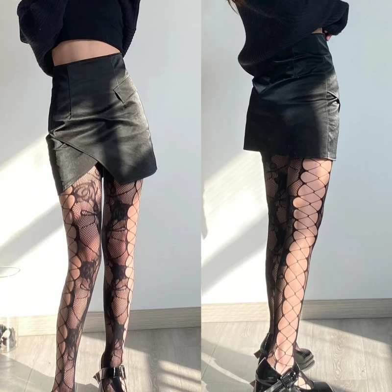 Women Punk Colorful Fishnet Pantyhose Side for Cross Hole Rose Patterned Mesh Ti