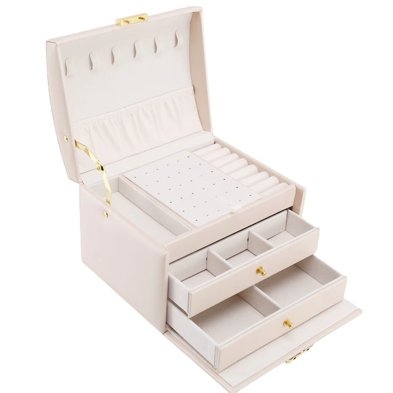 

Women's Jewelry Box,3 Layer Medium Sized Jewelry Storage Box With Lock Portable Travel Jewelry Case For Bracelets Rings