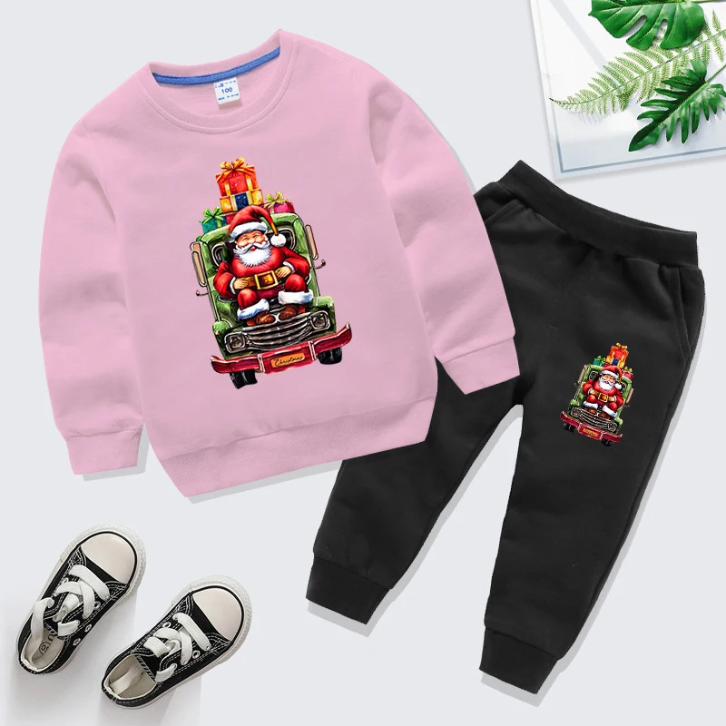 Santa Claus Gift Truck Print Sweatshirt+trousers 2 Pieces Sets Fashion Casual Long Sleeve Boy Girl Pullover Pants Tracksuit Sets