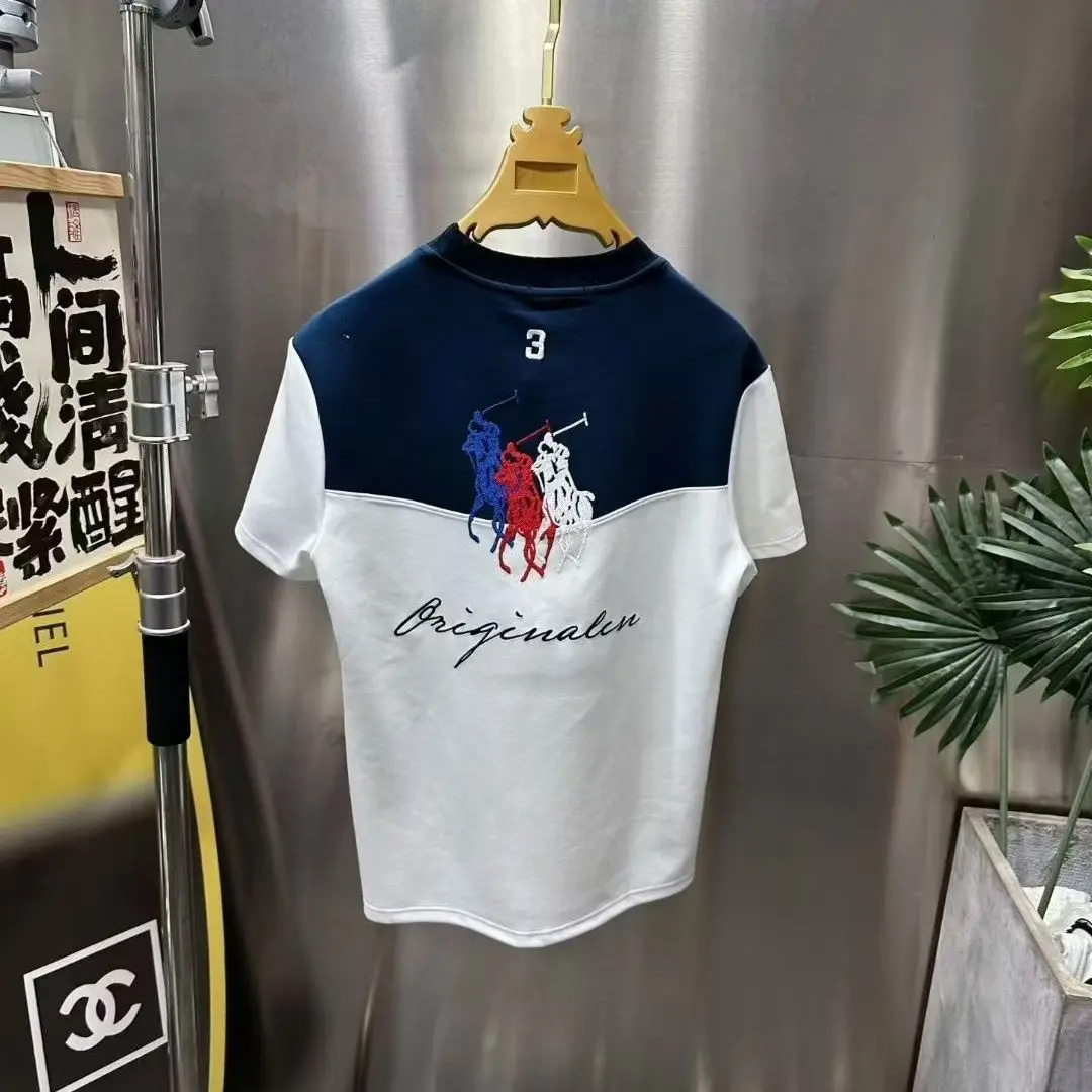 

2025 embroidery new versatile trend fashion splicing half-sleeve contrasting color casual round neck T-shirt short sleeve