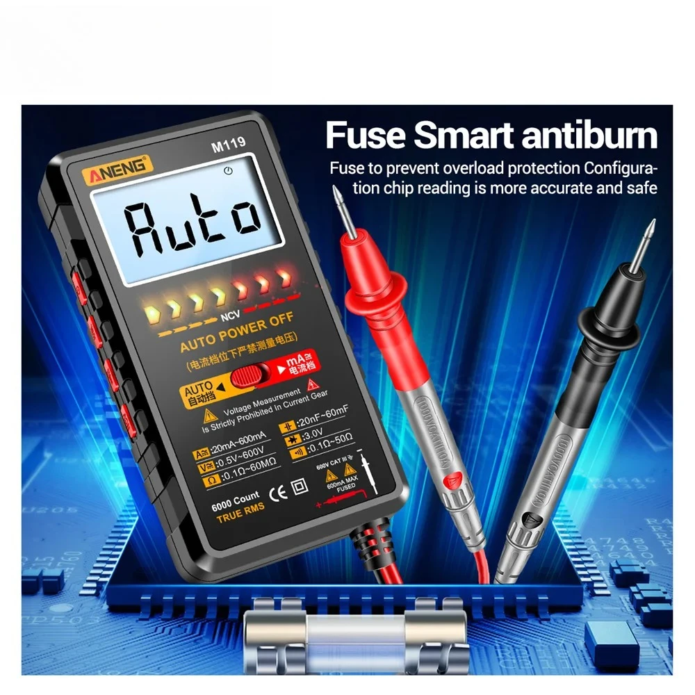 

Тестовые инструменты, цифровые мультиметры, тестер напряжения переменного/постоянного тока, 6000 отсчетов, M119, измеритель постоянного тока, транзисторный конденсатор, удержание данных NCV