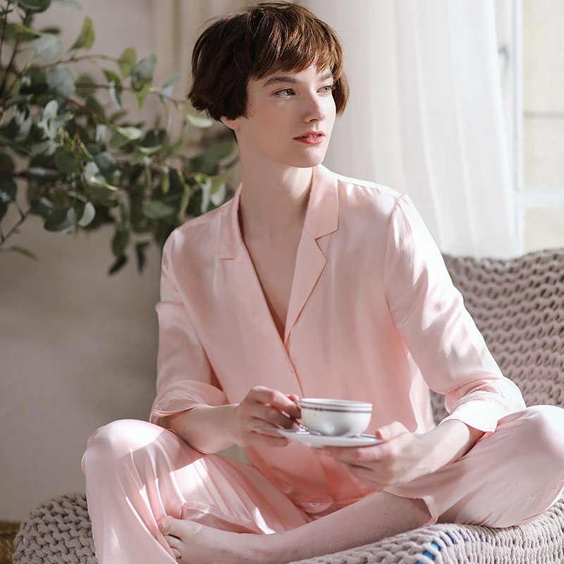 100% Mulberry Silk Pajamas Set with Lace Hem Long Sleeve 2 Piece Sleepwear Nightwear for Women Lapel Pajama Loungewear Pyjamas