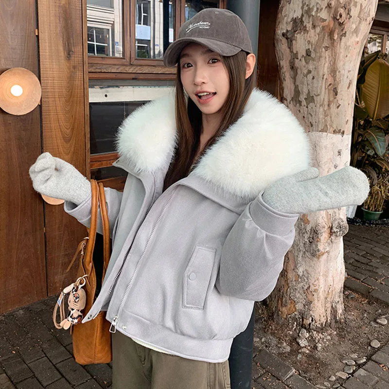 Fashion Fox Fur Collar Quilted Jacket Women Korean Zipper Waterproof Short Faux Leather Coat Autumn Winter Thicken Warm Parkas
